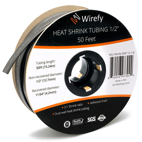 Wirefy heat shrink tubing roll spool adhesive lined dual wall flame retardant chemical resistant waterproof 3:1 ratio_1/2 - 50 Feet&Black