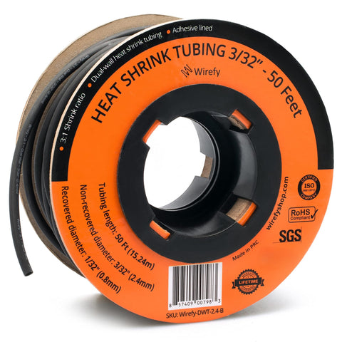 Wirefy heat shrink tubing roll spool adhesive lined dual wall flame retardant chemical resistant waterproof 3:1 ratio_3/32 - 50 Feet&Black