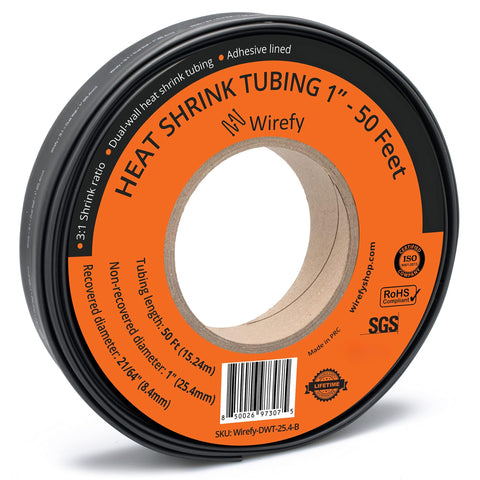 Wirefy heat shrink tubing roll spool adhesive lined dual wall flame retardant chemical resistant waterproof 3:1 ratio_1 - 50 Feet&Black