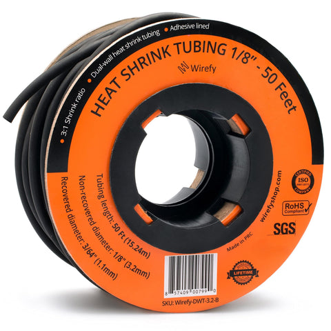 Wirefy heat shrink tubing roll spool adhesive lined dual wall flame retardant chemical resistant waterproof 3:1 ratio_1/8 - 50 Feet&Black
