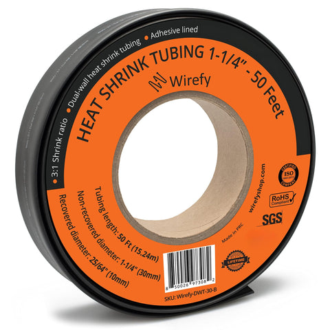 Wirefy heat shrink tubing roll spool adhesive lined dual wall flame retardant chemical resistant waterproof 3:1 ratio_1-1/4 - 50 Feet&Black