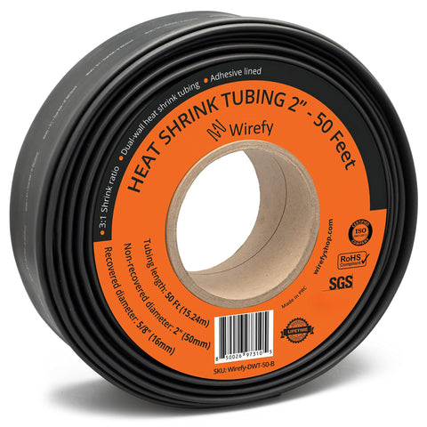 Wirefy heat shrink tubing roll spool adhesive lined dual wall flame retardant chemical resistant waterproof 3:1 ratio largest size available black_2 - 50 Feet&Black