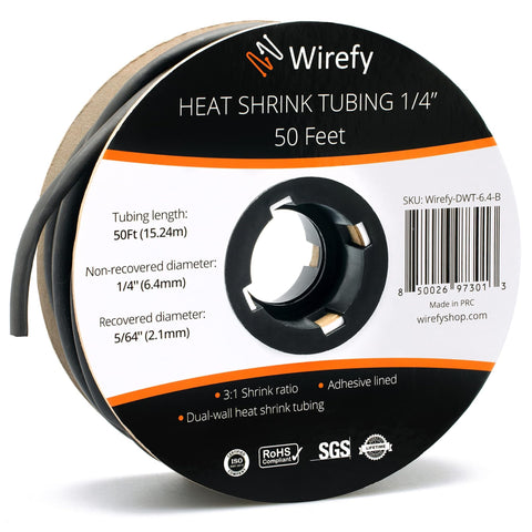 Wirefy heat shrink tubing roll spool adhesive lined dual wall flame retardant chemical resistant waterproof 3:1 ratio_1/4 - 50 Feet&Black