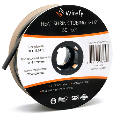 Wirefy heat shrink tubing roll spool adhesive lined dual wall flame retardant chemical resistant waterproof 3:1 ratio_5/16 - 50 Feet&Black