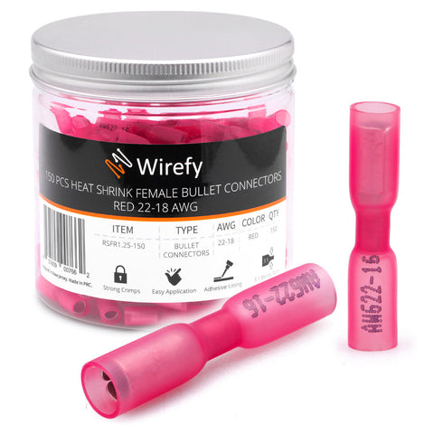 wirefy heat shrink bullet connectors jar 150 PCS red 22-18 AWG quick disconnect female#style_150 PCS Female Bullets 22-16 AWG
