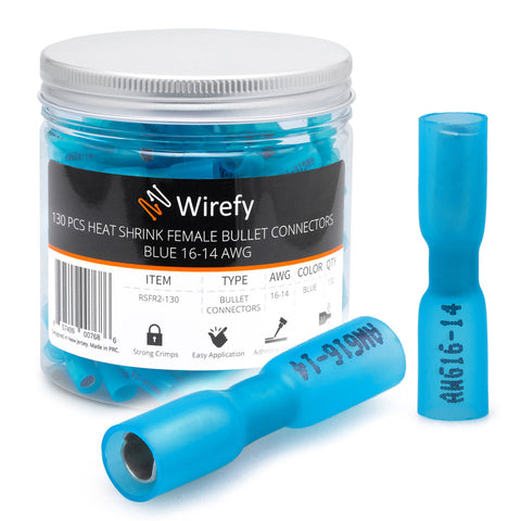 wirefy heat shrink bullet connectors jar 130 PCS blue 16-14 AWG quick disconnect female#style_130 PCS Female Bullets 16-14 AWG