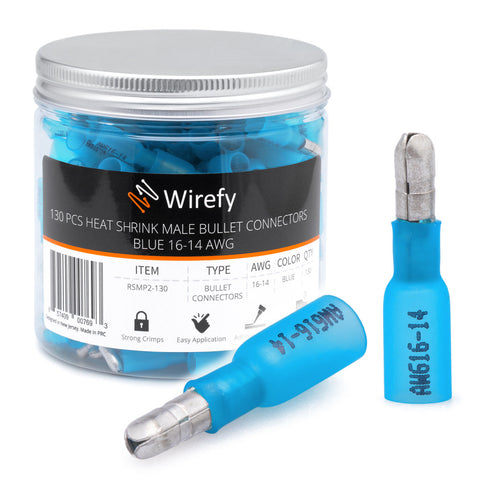 wirefy heat shrink bullet connectors jar 130 PCS blue 16-14 AWG quick disconnect male#style_130 PCS Male Bullets 16-14 AWG