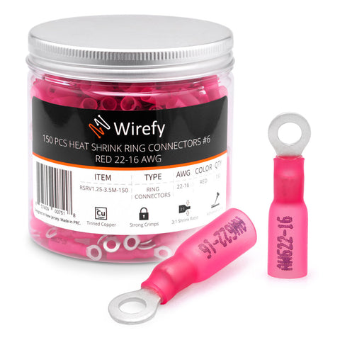 Wirefy heat shrink ring connectors red 22-16 AWG #6 adhesive lined pure copper_Ring Connectors #6&Red 22-16 AWG
