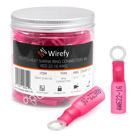 Wirefy heat shrink ring connectors red 22-16 AWG #8 adhesive lined pure copper_Ring Connectors #8&Red 22-16 AWG