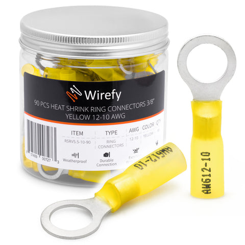 wirefy heat shrink ring connectors yellow 12-10 awg 3/8"_Ring Connectors 3/8&Yellow 12-10 AWG
