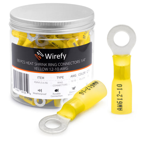 wirefy heat shrink ring connectors yellow 12-10 awg 1/4"_Ring Connectors 1/4&Yellow 12-10 AWG