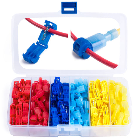 wirefy 120 PCS T-Tap connectors kit male spade tap red blue yellow disconnect copper contacts 22-10 awg _120 PCS Kit 22-10 AWG
